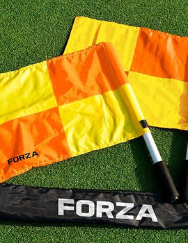 FORZA UEFA Football Linesman Flags - Officials & Referee Equipment | Professional Linesman Flag | Orange & Yellow Chequered Flags + Easy Grip Handle | Carry Bag Included