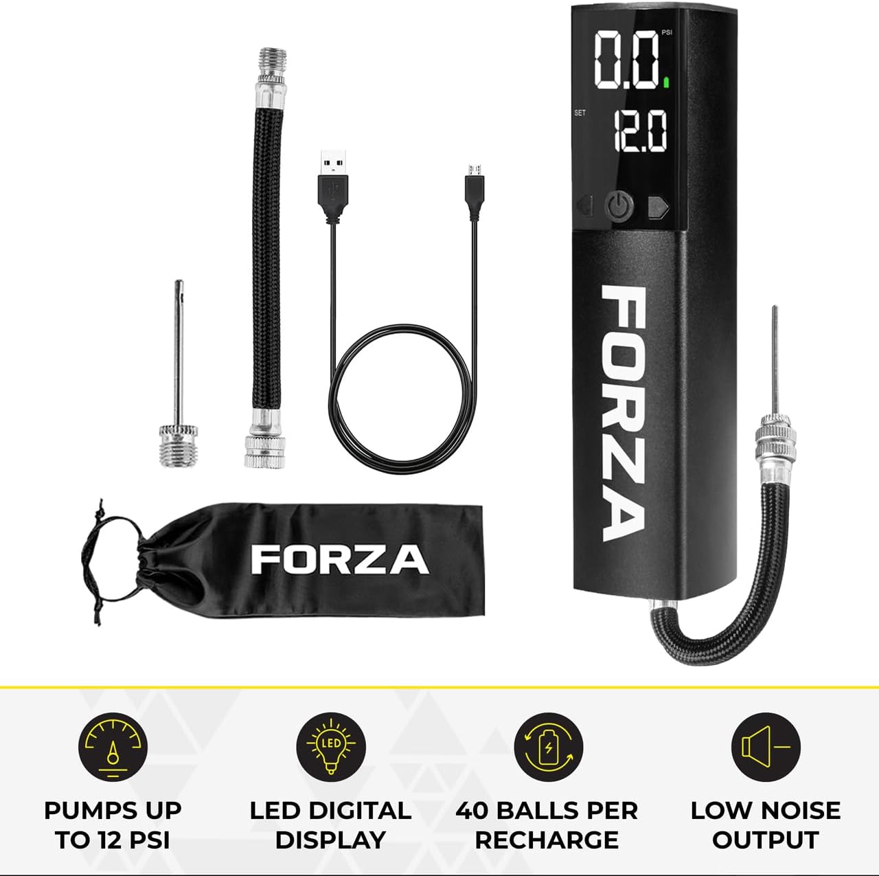FORZA Digital Ball Pump¦Rechargeable Electric Air Pump with LED Torch - Includes Needles & Flexible Hose – Portable Football, Rugby, Basketball & Netball Inflator