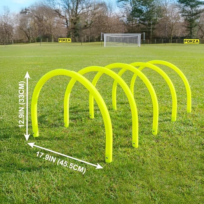 FORZA Football Training Passing Arcs - Improve Passing Accuracy and Speed | Fluorescent Yellow Colour | Pack of 5 or 10 | Ground Spikes Included