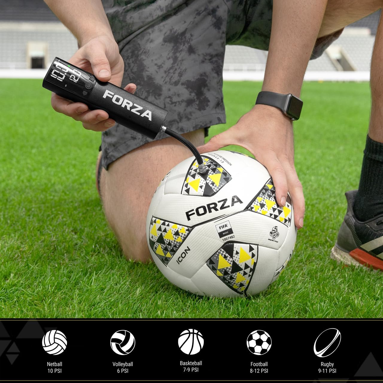 FORZA Digital Ball Pump¦Rechargeable Electric Air Pump with LED Torch - Includes Needles & Flexible Hose – Portable Football, Rugby, Basketball & Netball Inflator