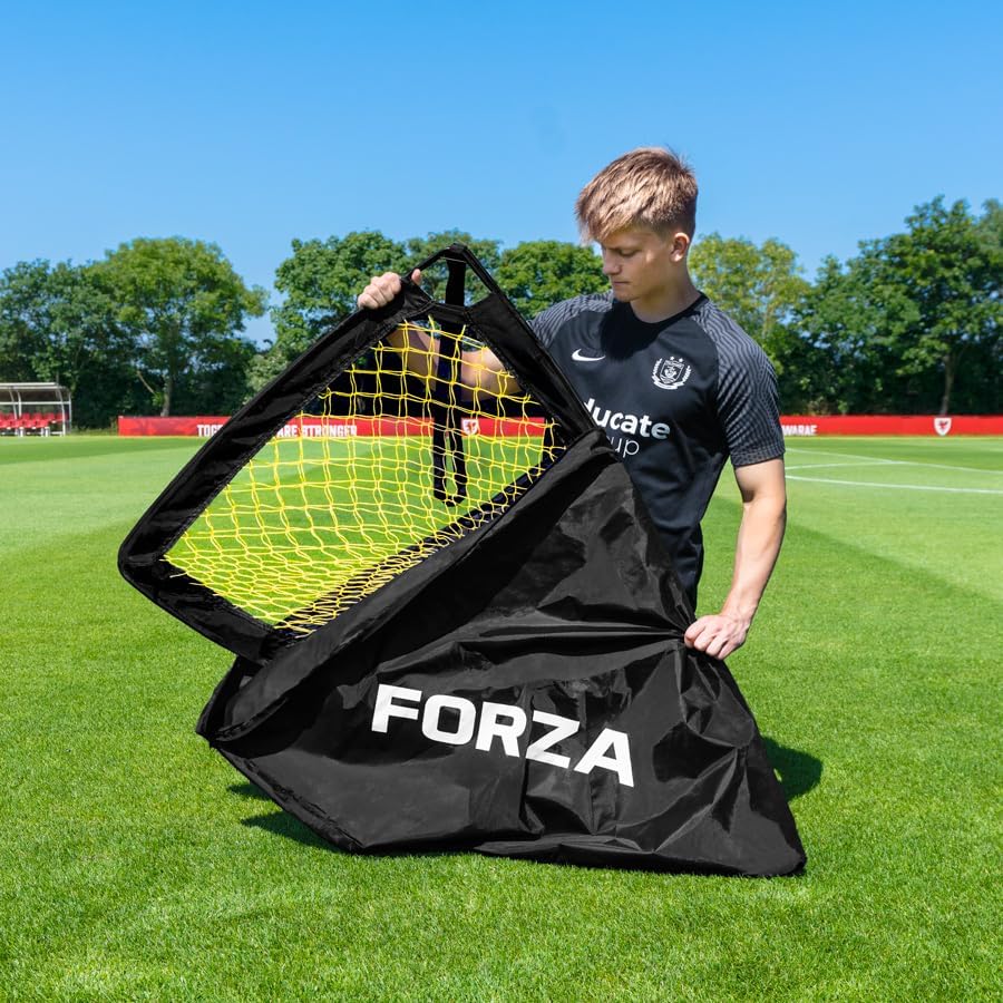 FORZA Square Pop-Up Football Goal [3 Sizes] | Portable Football Training Goal with Carry Bag & Ground Stakes - For All Ages with 5 Second Set Up - Single or Pair