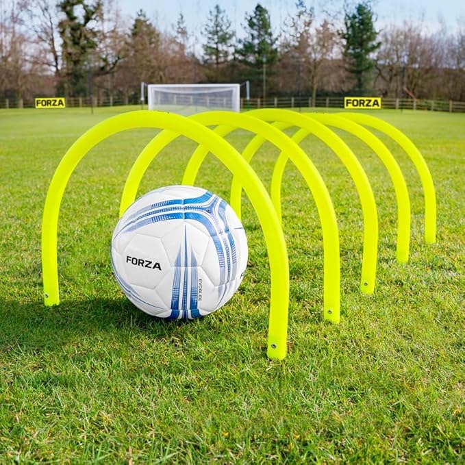 FORZA Football Training Passing Arcs - Improve Passing Accuracy and Speed | Fluorescent Yellow Colour | Pack of 5 or 10 | Ground Spikes Included