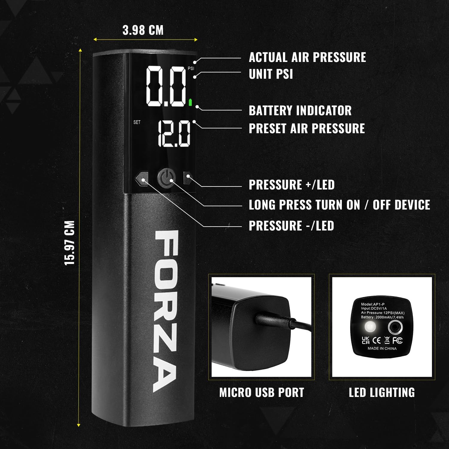 FORZA Digital Ball Pump¦Rechargeable Electric Air Pump with LED Torch - Includes Needles & Flexible Hose – Portable Football, Rugby, Basketball & Netball Inflator