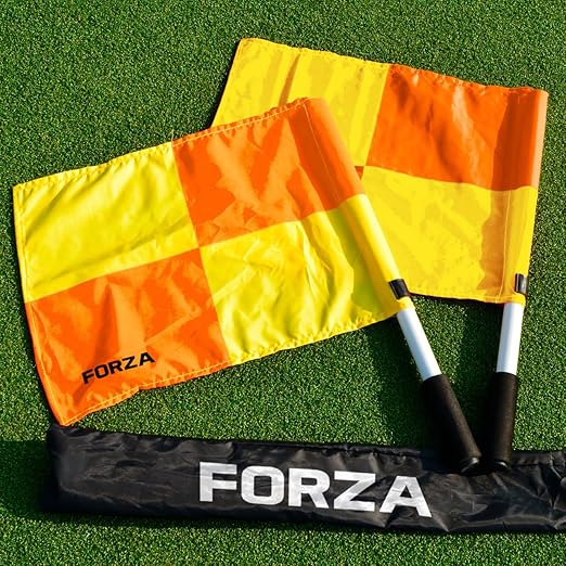 FORZA UEFA Football Linesman Flags - Officials & Referee Equipment | Professional Linesman Flag | Orange & Yellow Chequered Flags + Easy Grip Handle | Carry Bag Included