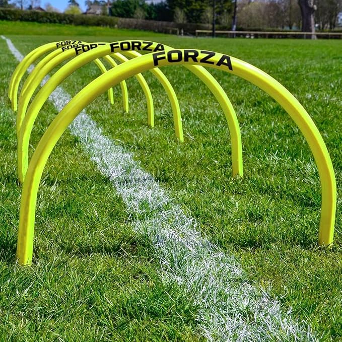 FORZA Football Training Passing Arcs - Improve Passing Accuracy and Speed | Fluorescent Yellow Colour | Pack of 5 or 10 | Ground Spikes Included