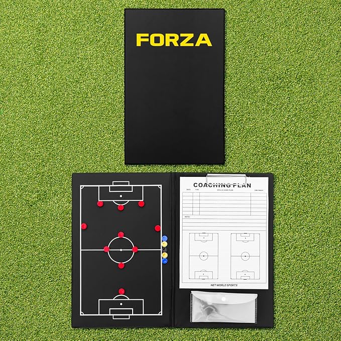 FORZA Magnetic Football Tactics Clipboard Folder - A4 Notepad | 27x Magnetic Markers | Full Football Pitch Layout - Waterproof Black Coaching Folder | Built In Plastic Pouch