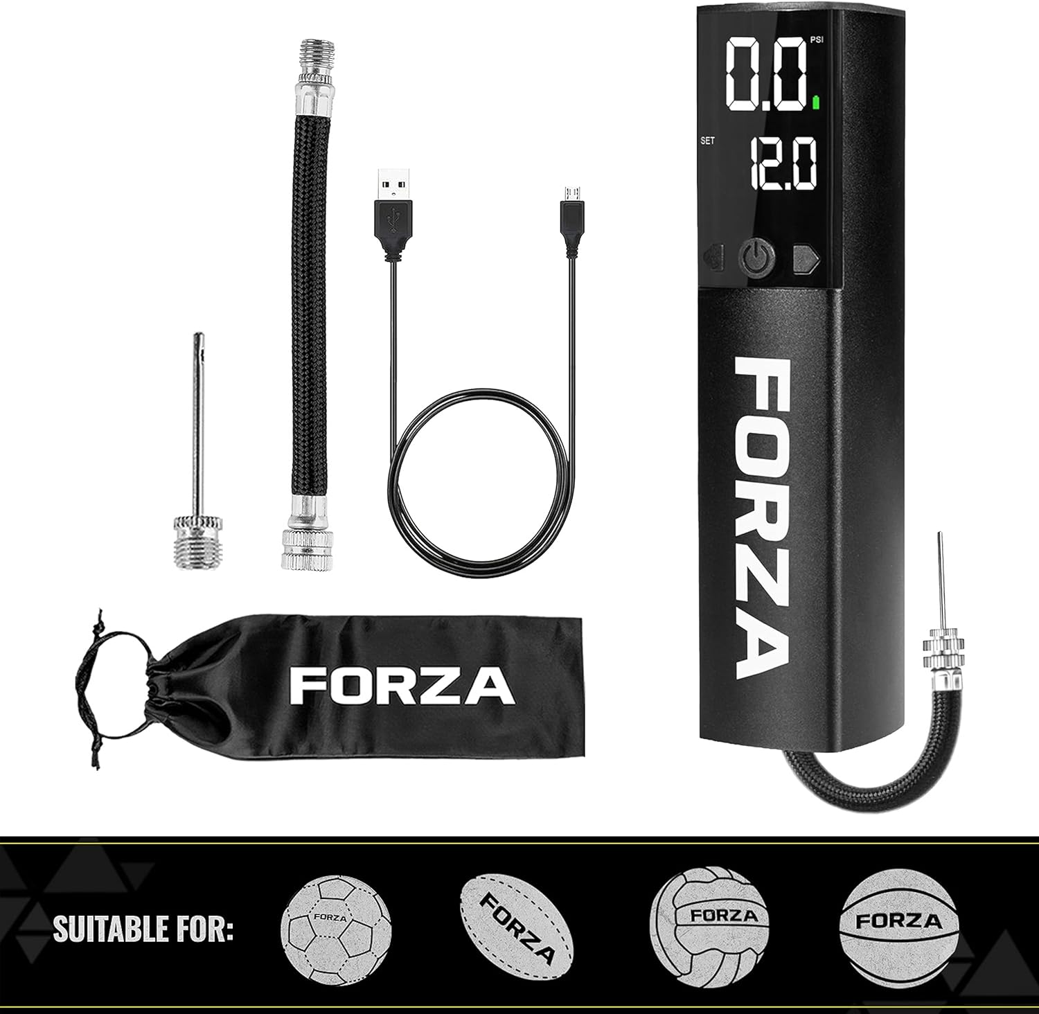 FORZA Digital Ball Pump¦Rechargeable Electric Air Pump with LED Torch - Includes Needles & Flexible Hose – Portable Football, Rugby, Basketball & Netball Inflator