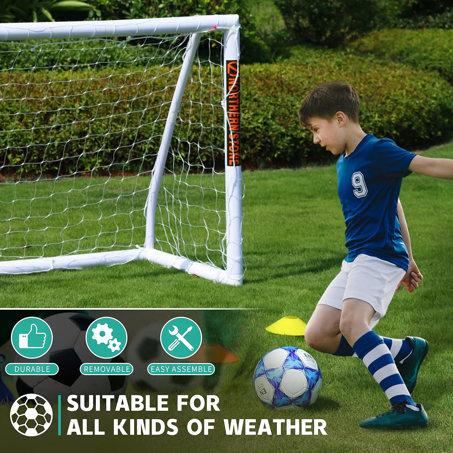 NORTHERN STONE Ultimate All Weather uPVC Football Goal 6ft x 4ft Garden Portable Football Goals 70mm Thick PVC Goal Posts + Football Net Integrated Locking System Kids