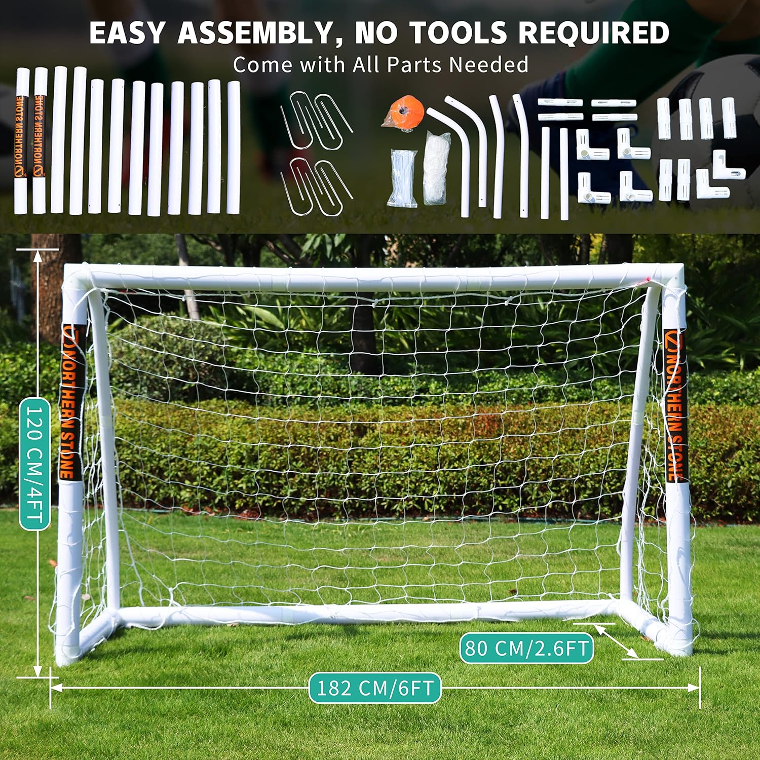 NORTHERN STONE Ultimate All Weather uPVC Football Goal 6ft x 4ft Garden Portable Football Goals 70mm Thick PVC Goal Posts + Football Net Integrated Locking System Kids